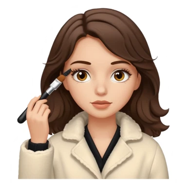 Garota branca de cabelos levemente ondulados castanhos escuros médio aplicando máscara de cílios, ela veste casaco off white estilo cozy sticker