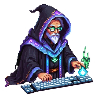powerful wizard coding on a glowing magical keyboard, no laptop, mystical aura surrounding him, confident expression, looks like the ultimate boss of coding, wearing impressive dark robe sticker