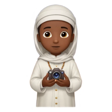 Personnage 3D mignon en style Pixar, un petit garçon portant un qamis blanc et un kufi, tenant un tapis de prière, entouré de lanternes brillantes, fond doux, couleurs chaudes, garçon teint noir TENANT UN APPAREIL PHOTO sticker