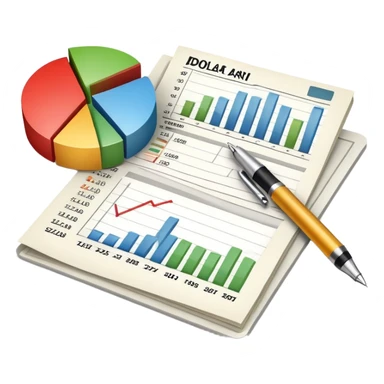 financial documents with charts, dollar sign, and pen sticker