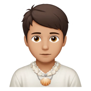 create an emoji of a young man. he has a nice surfer look, with short messy dark brown hair, brown eyes, tanned skin, natural lips. he wears a white tight sea shell necklace with an open short sleeve white shirt sticker