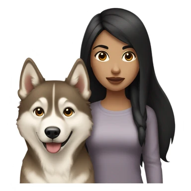 A girl black hair next to a light brown Husky sticker