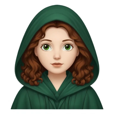 A white woman, a little heavier face, with long dark auburn hair robed and hooded like she's a Traitor in the tv show The Traitors. her hair is slightly curly, but kinda frizzy, not with defined curls, and the robe is a very dark green color sticker