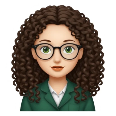 rapariga, olhos verdes escuros, cabelos compridos aos caracóis, com óculos sticker