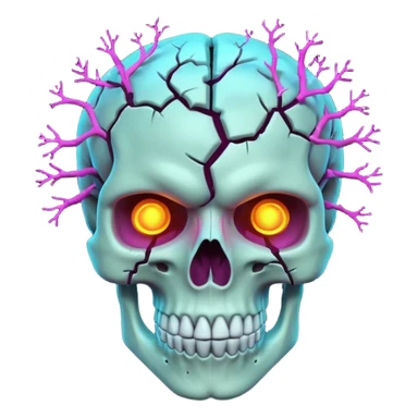3D skull with cracked open brain glowing neon inside, dark phonk vibe, intense attitude sticker
