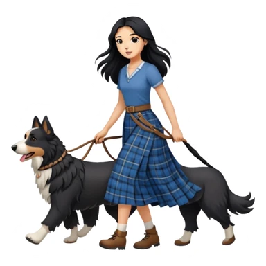 A girl with long black hair walking a Scottish shepherd dog sticker