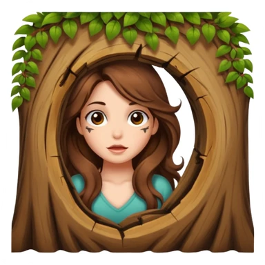 cute woman long wavy brown hair tattoos peeking from tree hole sticker