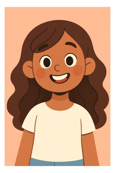 young girl with light brown skin, long brown wavy hair, white top, smiling, soft cartoon style sticker