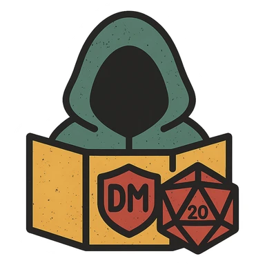 minimalist icon representing Dungeon Master for DnD TTRPGs with DM screen, dice, or hooded figure, worn distressed look sticker