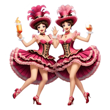 Cinematic Realistic scene of two performers executing a high‑energy Can‑Can, adorned in elaborate French cabaret costumes with frilly layers and dynamic movement, illuminated by vibrant stage lighting sticker