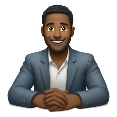 A man with sitting table and there hand on at our face and smiling  sticker