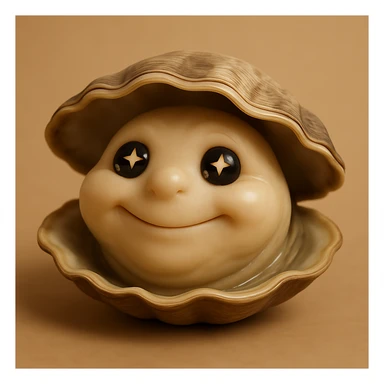 A cute oyster with a dreamy expression, starry eyes, soft smile, in photorealistic style. sticker