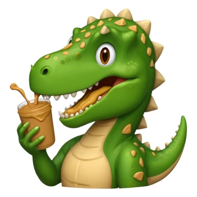 a dinosaur happily eating peanut butter, emoji style sticker