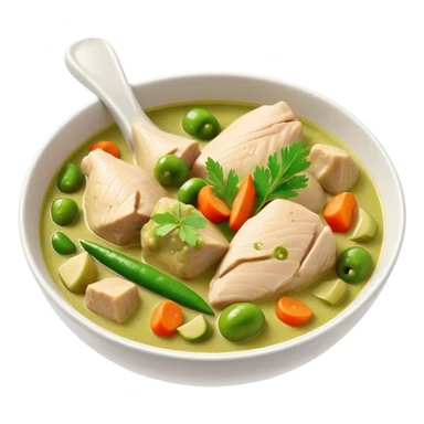 Green Chicken Curry Cinematic Realistic Green Chicken Curry Dish Emoji, depicted as tender chicken chunks simmered in a fragrant green curry sauce with vegetables, rendered with vivid textures and dynamic, vibrant lighting. sticker