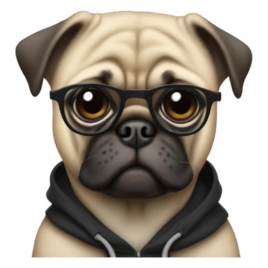 pug wearing a black hoodie and glasses looking sideways sticker