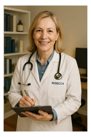Make Rebecca's hair thinner, blonder, and shoulder length. She should appear slightly older and be smiling, keep her as a doctor in a professional setting, realistic style. sticker