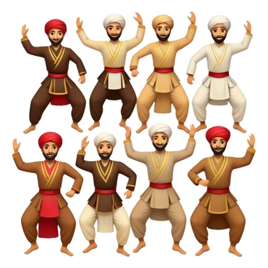 Cinematic Realistic Dabke Dance Emoji, depicted as an energetic traditional Lebanese folk dance with vibrant costumes and rhythmic movements, rendered with dynamic textures and festive natural lighting that captures its communal joy. sticker