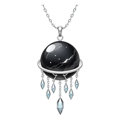 ethereal onyx stone radiating silver energy, cosmic dust around it, delicate floating chain sticker