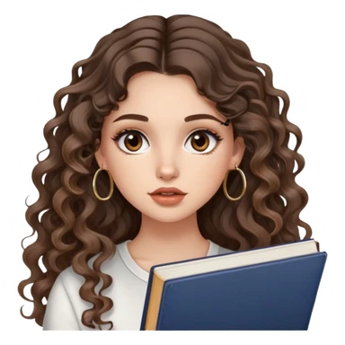cute girl with not volominous VERY LONG curly/wavy brunette hair with balayage, brown eyes, full lips, natural clean girl makeup and hoop earrings white girl: super desperate studying sticker