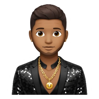 Usher with dark brown hair, black sequin suit jacket, shirtless with necklace sticker