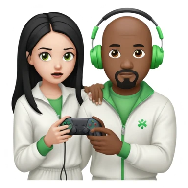 A bald, black man with a goatee wearing a white jump suit, green headphones and holding a ps5 controller being strangled by a mad, young, Hispanic woman with long black hair sticker