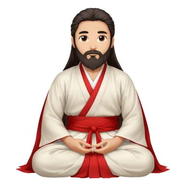 Beautiful man with lightly tan skin and dark long beard, long hair, in white and red Hanfu sitting on the ground sticker