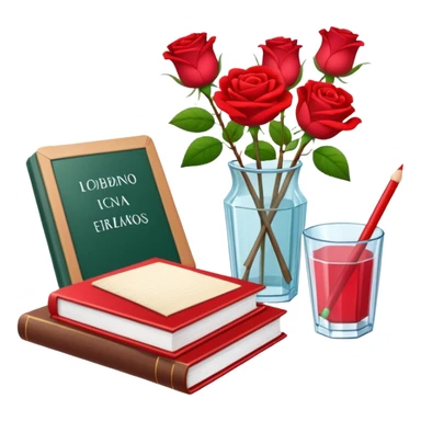 crear pizarra con libros a un lado, cuadernos, lapices, creyones, un vaso de cristal con rosas rojas, estilo vector sticker