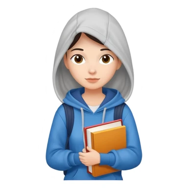 A flat-style illustration of a woman college student with a tote bag over her shoulder and a book in one hand. The student wears a hoodie. Clean cartoon style, white background, iOS emoji aesthetic. sticker