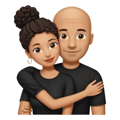 A picture of a tanned couple embracing. the man is a Mexican man with tanned skin, a bald hair cut, short beard and wearing a black shirt. the woman is mixed, with curly dark brown hair in a big messy bun and with big boobs  sticker