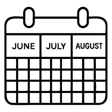 icon of a calendar showing three months, with month names June, July, August, clean and simple, minimal color, clear month divisions, minimalistic, clear grid sticker