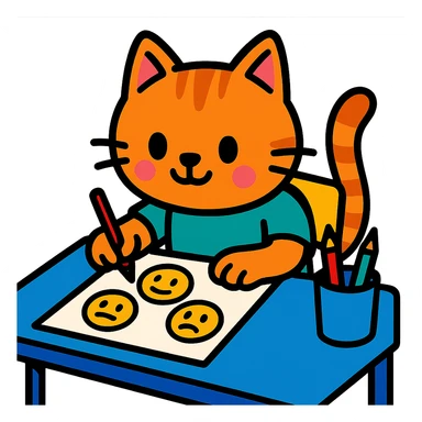 cute cartoon kitty sitting at a desk, drawing emoji faces sticker