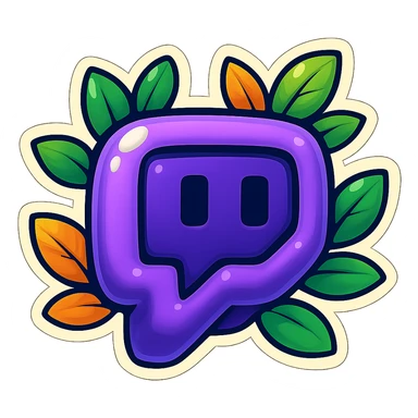 Make the Twitch logo even more rounded and plump, with a soft, puffy, cartoon look. Keep the bold outline, expressive shadows, glossy highlights, and bright leaves around the logo. No sharp corners, no background. Match the reference style but emphasize extra roundness and puffiness. sticker