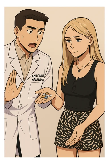 fai un webtoon/manga a colori con questo kinesiologo in camice bianco (fagli la scritta "ANTONIO ANANIA" SUL CAMICE) CHE PARLA CON QUESTA RAGAZZA. LA RAGAZZA HA UN PUGNO DI INTEGRATORI IN MANO (TANTE PILLOLE DIVERSE) E LE GUARDA DUBBIOSA. IL KINESIOLOGO CON IL CAMICE BIANCO LE DOMANDA UNA COSA SCIOCCATO. NON FARE I FUMETTI, FAI SOLO LORO COME SE DIALOGASSERO sticker