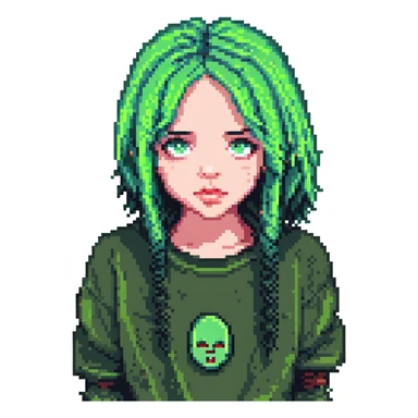 Billie Eilish with signature green and black hair, expressive face, pixel art style sticker