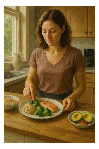 realistic style of a woman in the kitchen composing a fit and balanced plate with distinct portions of carbohydrates, proteins, and fats, natural light, aspect ratio 2:3 sticker