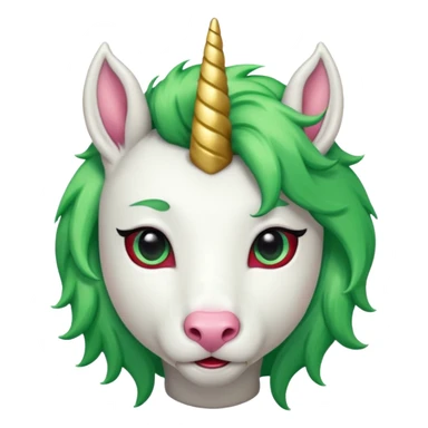 white furred unicorn with green hair and big red earrings looking into camera and spectacle sticker