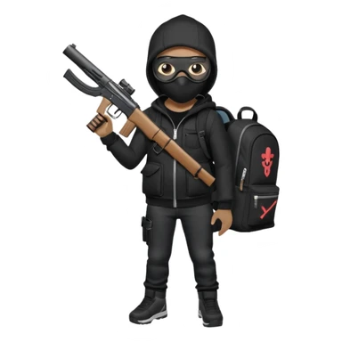 YN wearing a ski mask, holding a gun, black jeans, Sprayground bookbag, confident stance sticker