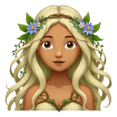 Cinematic Realistic Forest Nymph Fairy Portrait, depicted with lifelike, sun-kissed tanned skin that radiates an earthy glow, softly illuminated by natural, dappled light. Her long, flowing hair is intricately detailed and interwoven with delicate vines and wildflowers, while her deep, soulful eyes mirror the wisdom of the forest. Dressed in an attire inspired by nature’s palette—with subtle botanical motifs—the portrait exudes a soft, enchanted glow that melds realism with woodland magic. sticker
