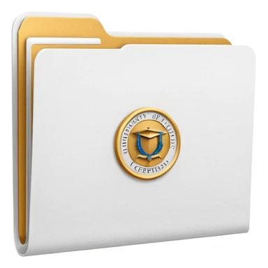 A simple emoji-style icon of a white textured paper folder, clean and formal, with sharp edges, minimal shading, and an embossed university degree/certification seal on the front, conveying academic achievement and official records. white white white  sticker