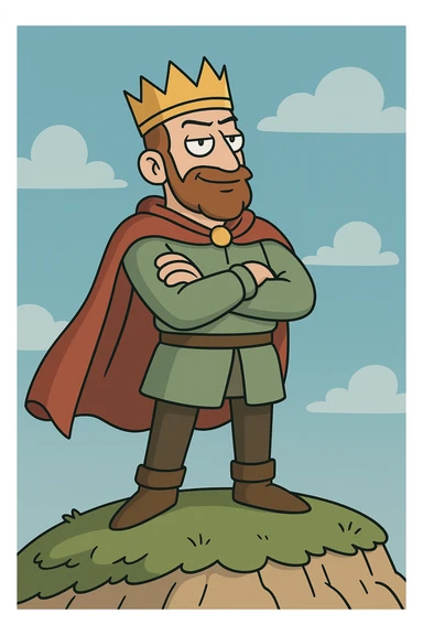 cartoon style, a king with a red cape and golden crown on a hill, arms crossed, confident expression, blue sky sticker