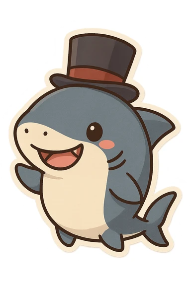 cute shark with a fancy top hat, playful expression, adorable cartoon style sticker