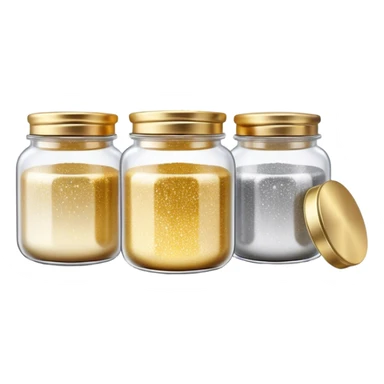 Cinematic Realistic Glitter Jars, elegant glass containers filled with ultra-fine shimmering gold and silver dust, light catching the tiny specks in a mesmerizing glow, slightly open lids revealing the rich, sparkling texture inside, set against a softly blurred background, radiating a sense of enchantment and wonder. sticker