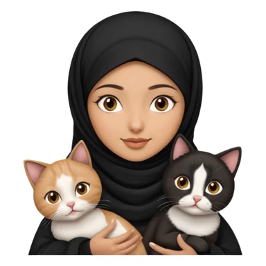 A Arabic woman human with brown eyes and black hijab. , the human is a human, she carry two cat is black and white and the other cath is black and white,,  NO EARS ON THE HUMAN ,  sticker