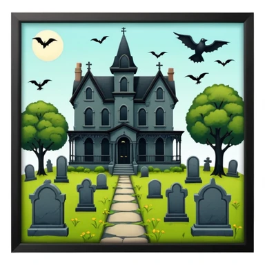 Adams Family style horror overgrown Haunting graveyard field Victorian mansion  sticker