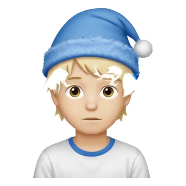 create boy blonde hair long messy, light eyes, white t shirt, rich, long hair, eyes blue, acessory head cristimas blue hat, fluffy hair medium long hair sticker