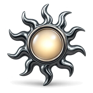 stylized chrome sun with swirling rays and a glowing center, futuristic and shiny sticker