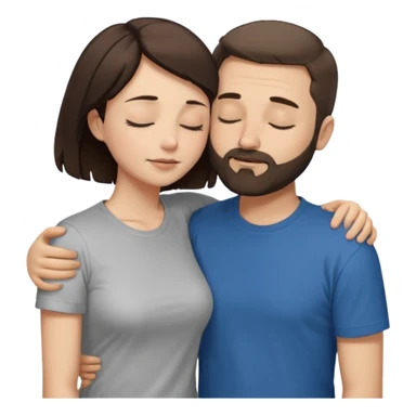draw a man and a woman hugging each other passionately. looking toward each other. woman has short hair. man has short hair and beard. draw them with closed eyes. woman has dark brown hair. and man has light brown. make them both wearing t shirts. make them look a bit more desirous. sticker
