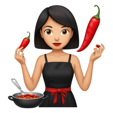 black short shoulder length hair tanned woman, black dress cooking, holding chili pepper sticker