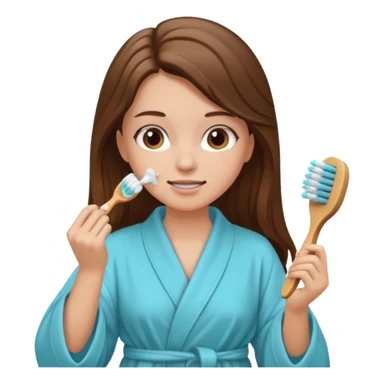 clean white girl long brown hair in robe brushing teeth hair up after shower  sticker