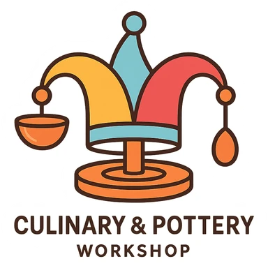 branding logo for culinary and pottery workshop featuring a jester's hat with subtle ceramic glaze, pottery wheel base, one bell is a clay bowl, another is a wooden spoon, warm inviting colors yellow, sky blue, raspberry red, playful and elegant sticker